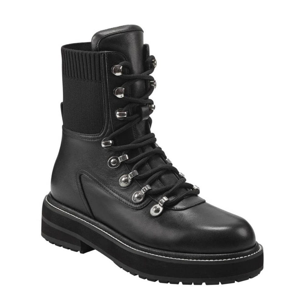 Nib Marc Fisher Elwa Black Leather Lace Up Bootie